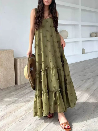 Flower Decor Pretty A-Line Layered Loose Maxi Dress