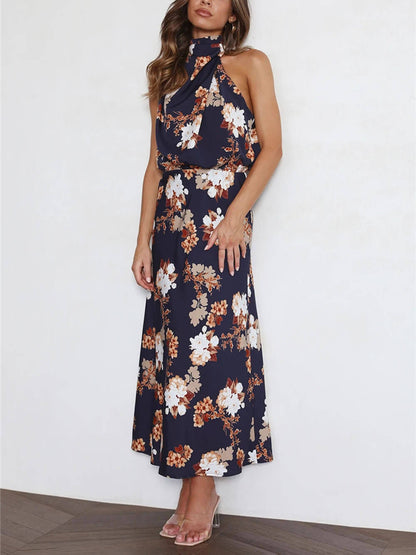 Halter Neck Floral Elastic Waist Maxi Dress