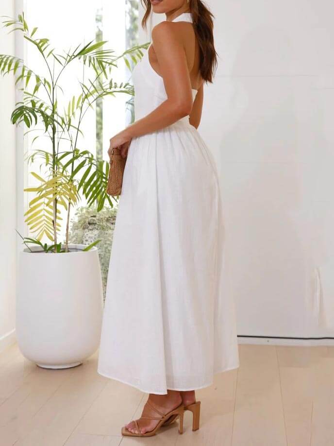 Waist Little Black Halter Neck Dress Mid Length Dress
