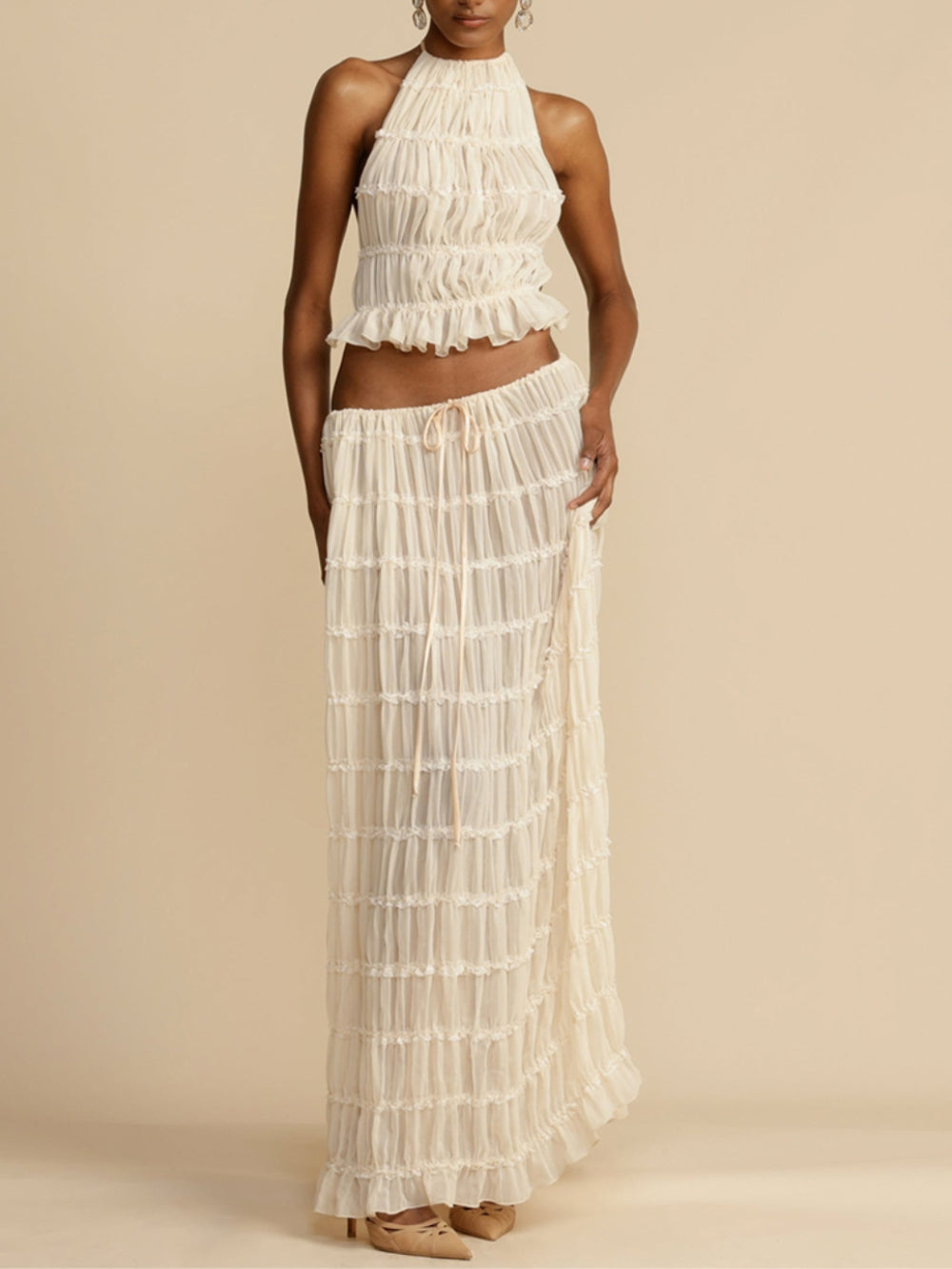 Pleated Drawstring Charm Waist Tiered Maxi Skirt